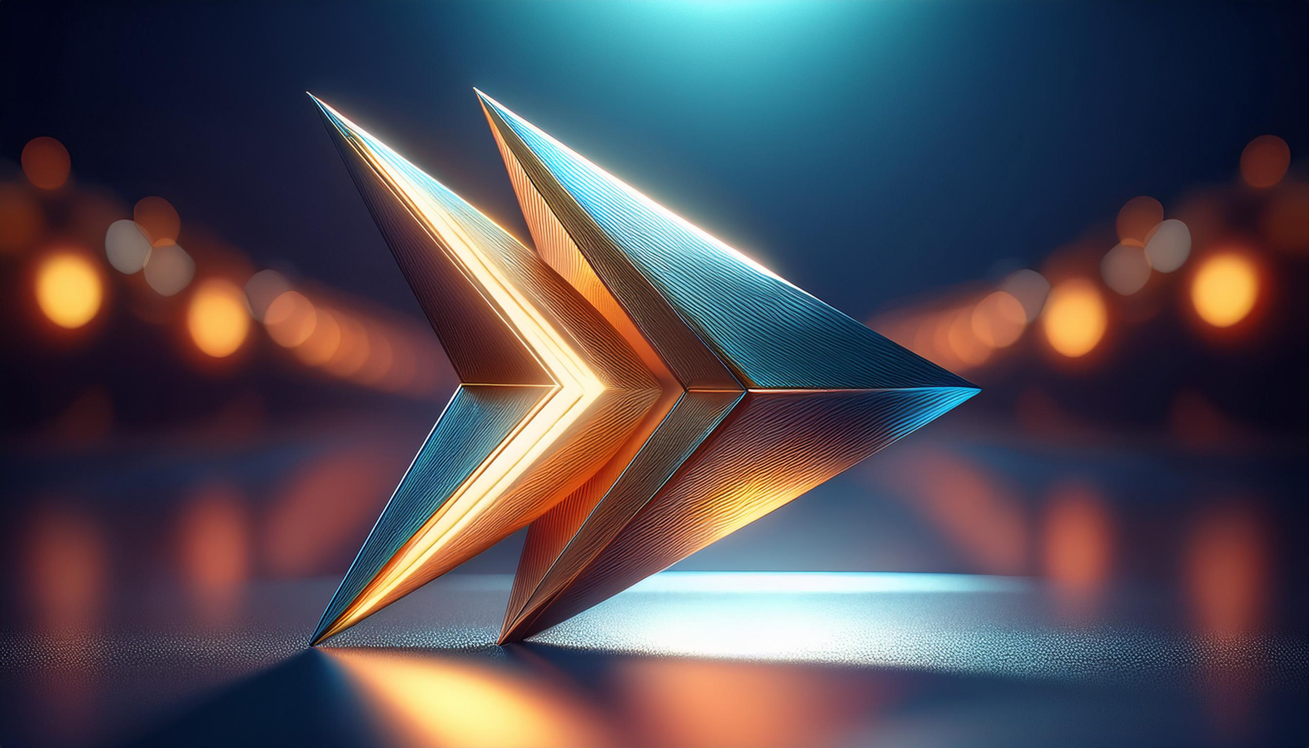 Photorealistisches produktbild einer metallenen skulptur, die das fast forward zeichen darst