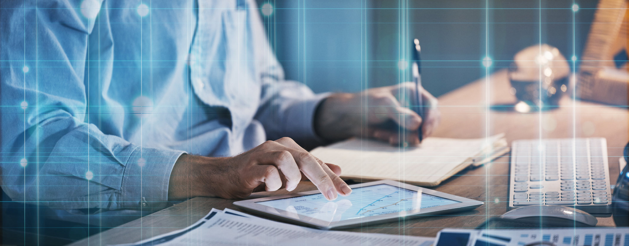 Hands, documents and businessman with overlay and night in office for budget