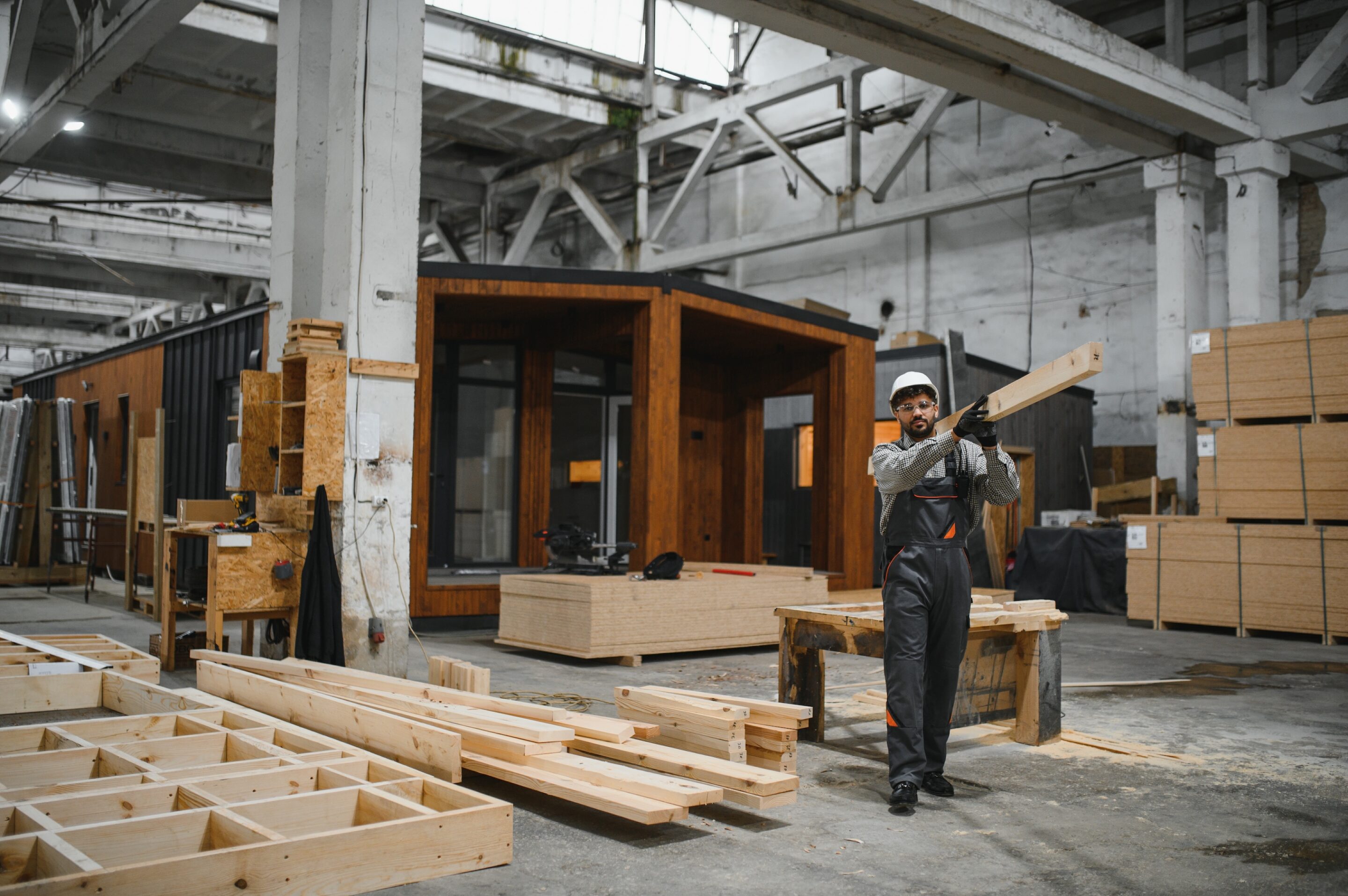 carpenter carrying wooden plank in prefabricated house workshop