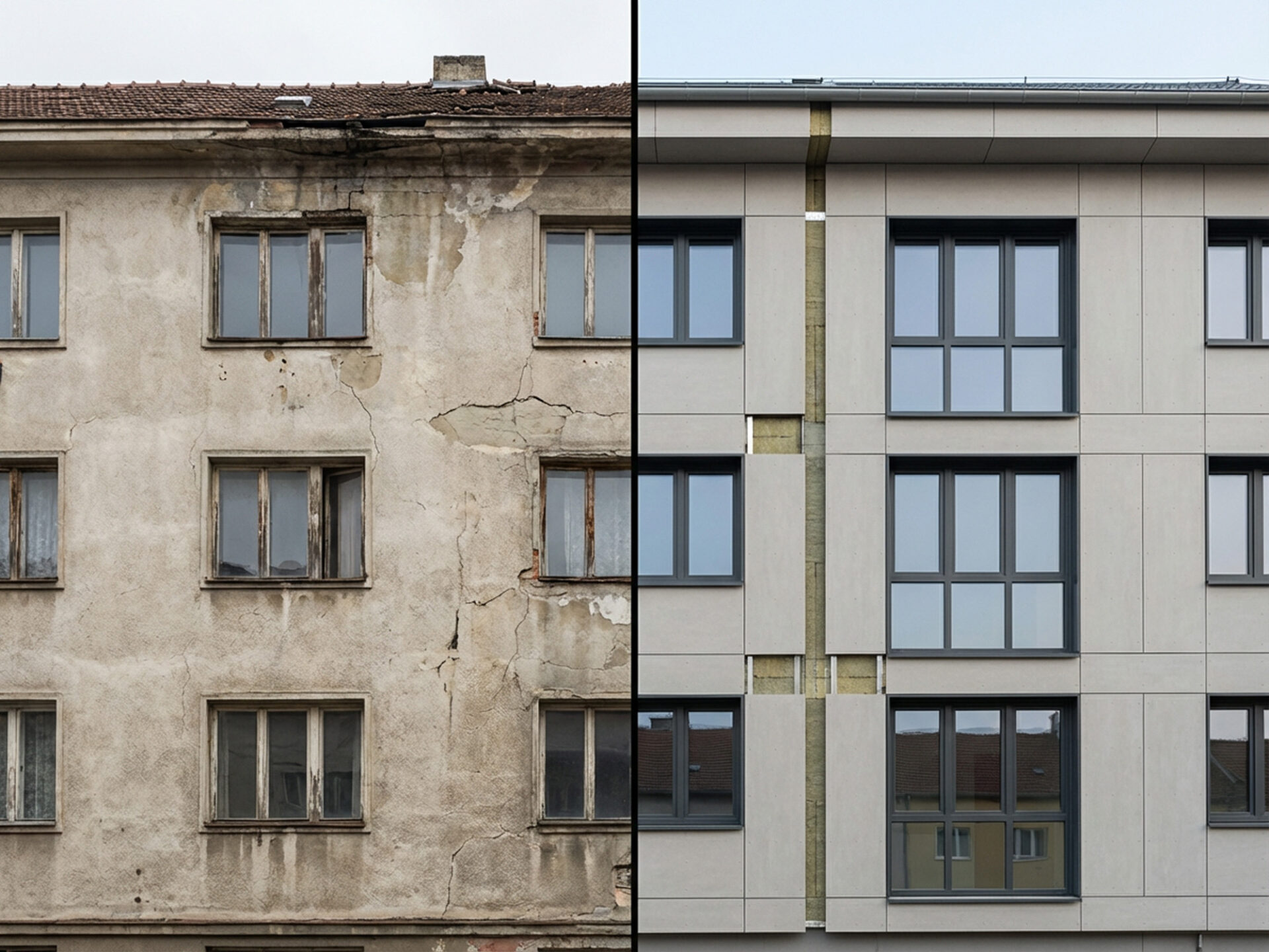 Fassaden Vergleich, Vorher-Nachher, KI-generiert Fassaden Vergleich, Vorher-Nachher, KI-generiert