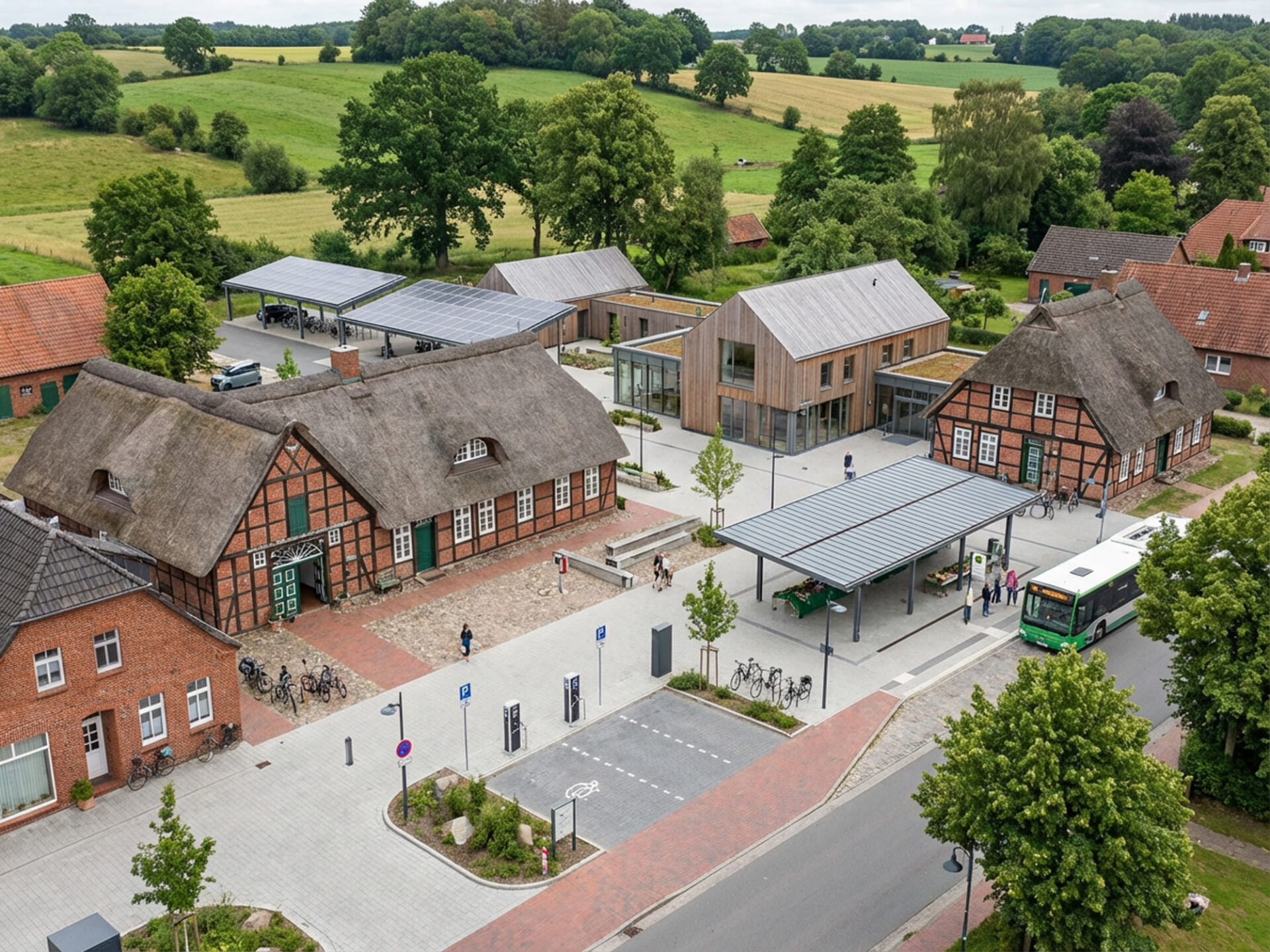 Moderne Infrastruktur auf dem Dorf Moderne Infrastruktur im ländlichen Umfeld. KI-generiert