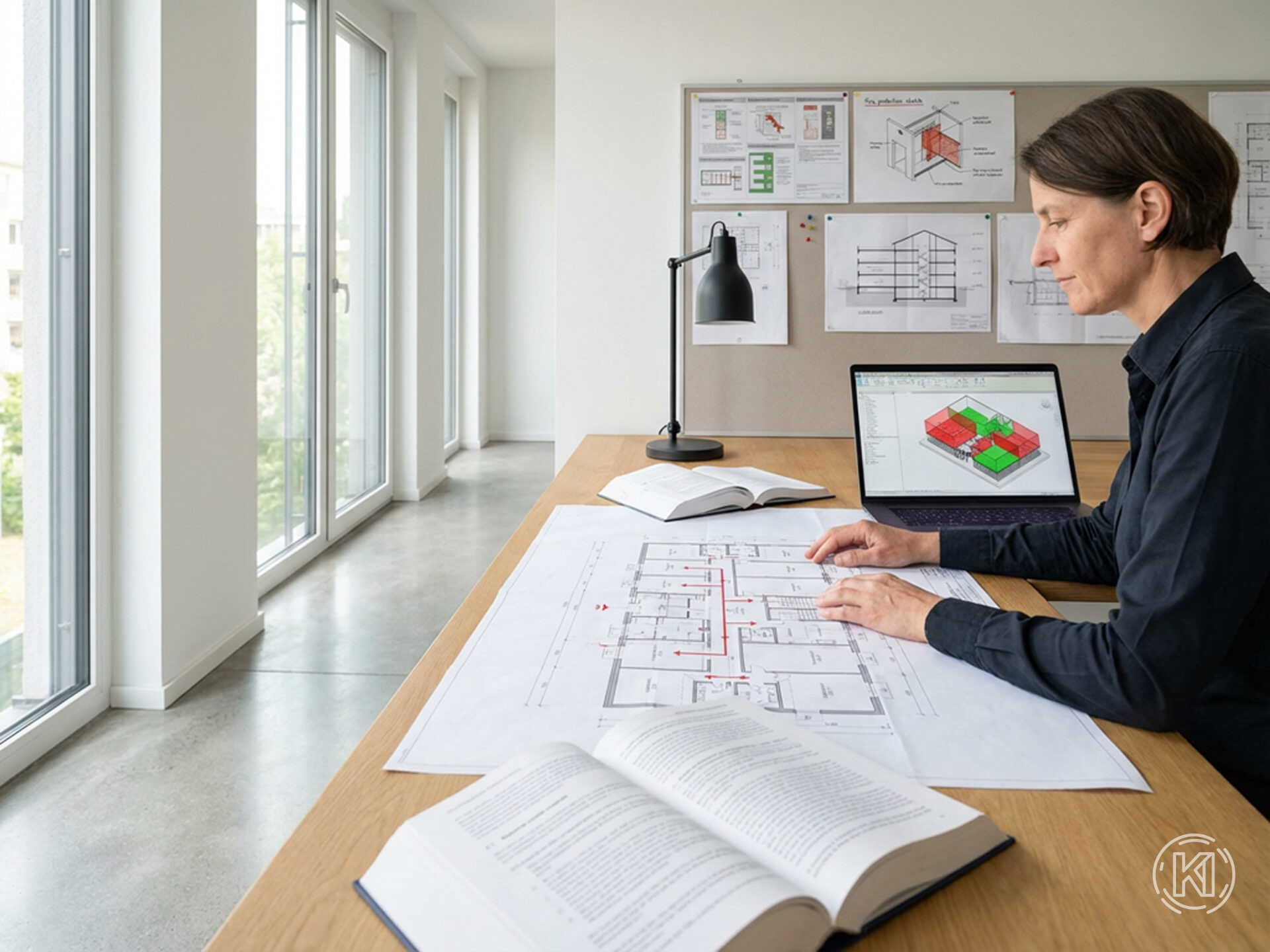 Baurechtliche Planungsprüfung Baurechtliche Planungsprüfung, Architektin am Schreibtisch