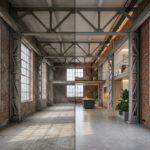 Split-screen einer alten Lagerhalle und einer Verwendung derselben als modernen Wohn- und Arbeitsbereich