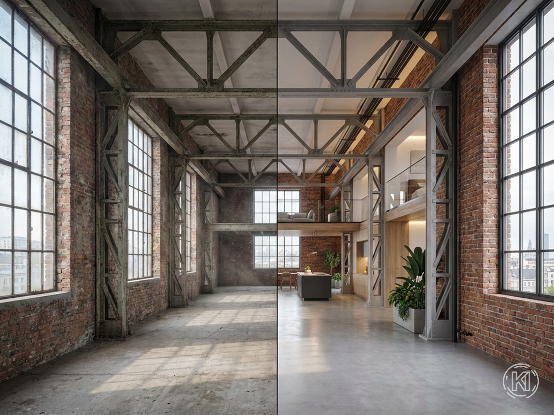 Split-screen einer alten Lagerhalle und einer Verwendung derselben als modernen Wohn- und Arbeitsbereich Split-screen einer alten Lagerhalle und einer Verwendung derselben als modernen Wohn- und Arbeitsbereich