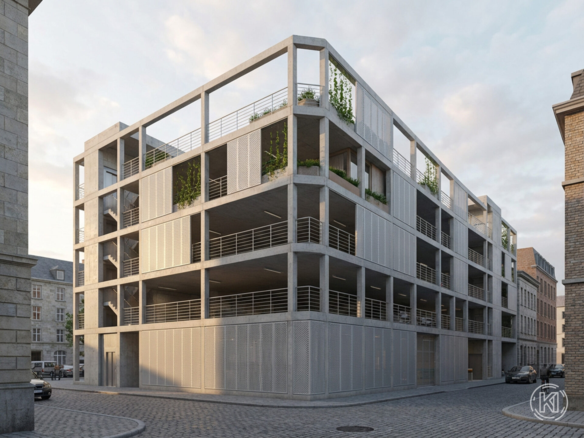 flexibel_umnutzung In Wohnraum umgenutztes Parkhaus im innerstädtischen Kontext