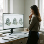 Architektin steht vor einem großen Bildschirm und betrachtet mehrere Entwurfsvarianten nebeneinander in Archicad. Dieses Bild wurde mithilfe von KI generiert