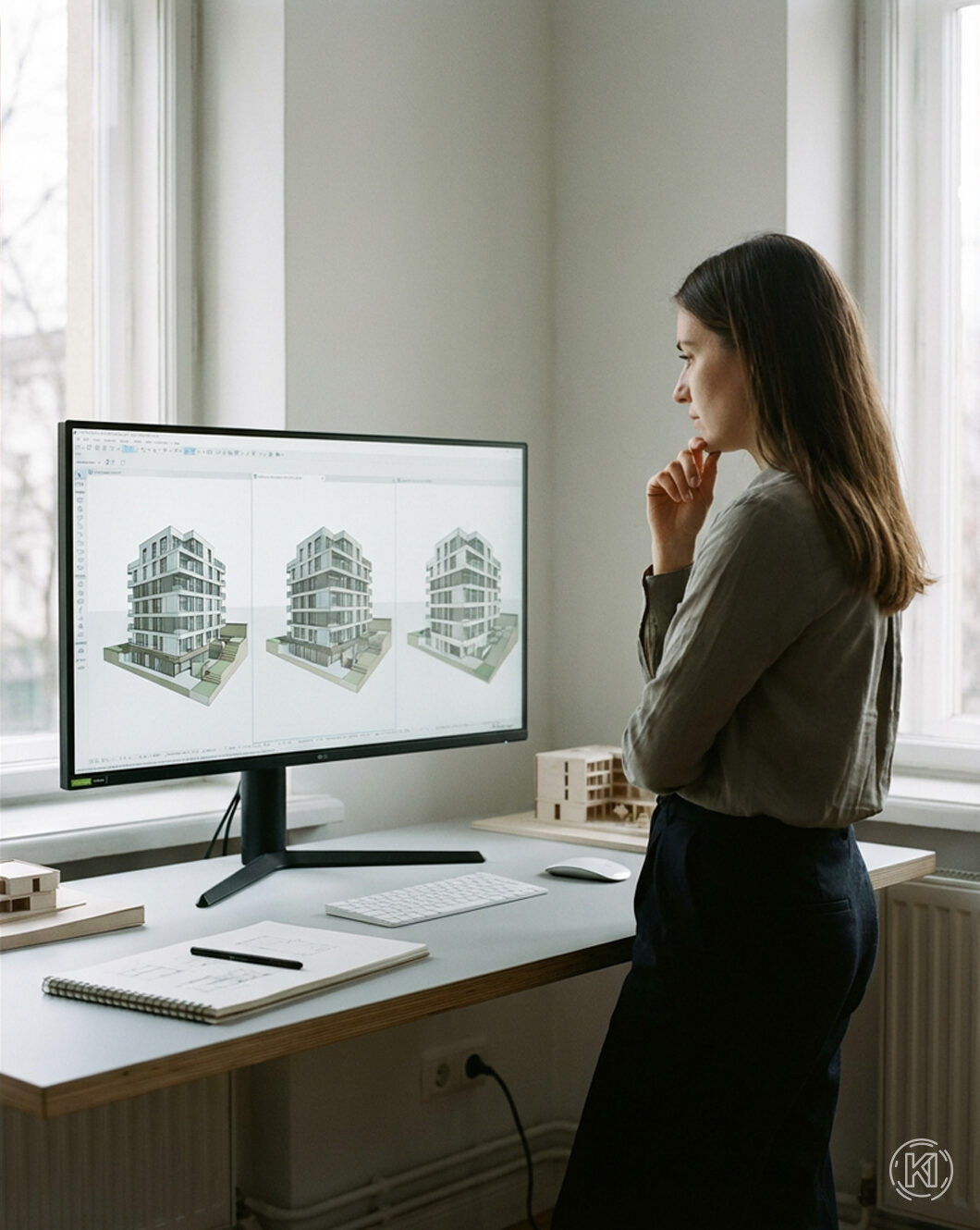 Architektin steht vor einem großen Bildschirm und betrachtet mehrere Entwurfsvarianten nebeneinander in Archicad. Dieses Bild wurde mithilfe von KI generiert