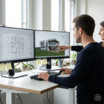 Architekt steht an einem höhenverstellbaren Arbeitsplatz und arbeitet aktiv an zwei großen Monitoren. Dieses Bild wurde mithilfe von KI generiert