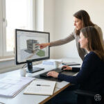 Zwei Architektinnen arbeiten parallel an einem Projekt: Eine Person sitzt am Rechner und navigiert durch ein Archicad-Modell, während eine zweite Person daneben steht und auf eine Stelle am Bildschirm zeigt. Dieses Bild wurde mithilfe von KI generiert