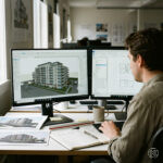 Ein Architekt sitzt konzentriert an einem Schreibtisch mit zwei Monitoren. Auf einem Bildschirm ist ein komplexes Archicad-Modell geöffnet, auf dem anderen Pläne oder Listen. Dieses Bild wurde mithilfe von KI generiert