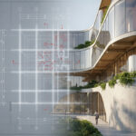 Visualisierung eines Bauwerks mit innovativen Konzepten, überlagert mit einem strikten Raster