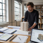 Architekt mit Modell eines Holzhochhaus auf einem Schreibtisch voll mit Ordnern zu DIN-Normen und Regularien