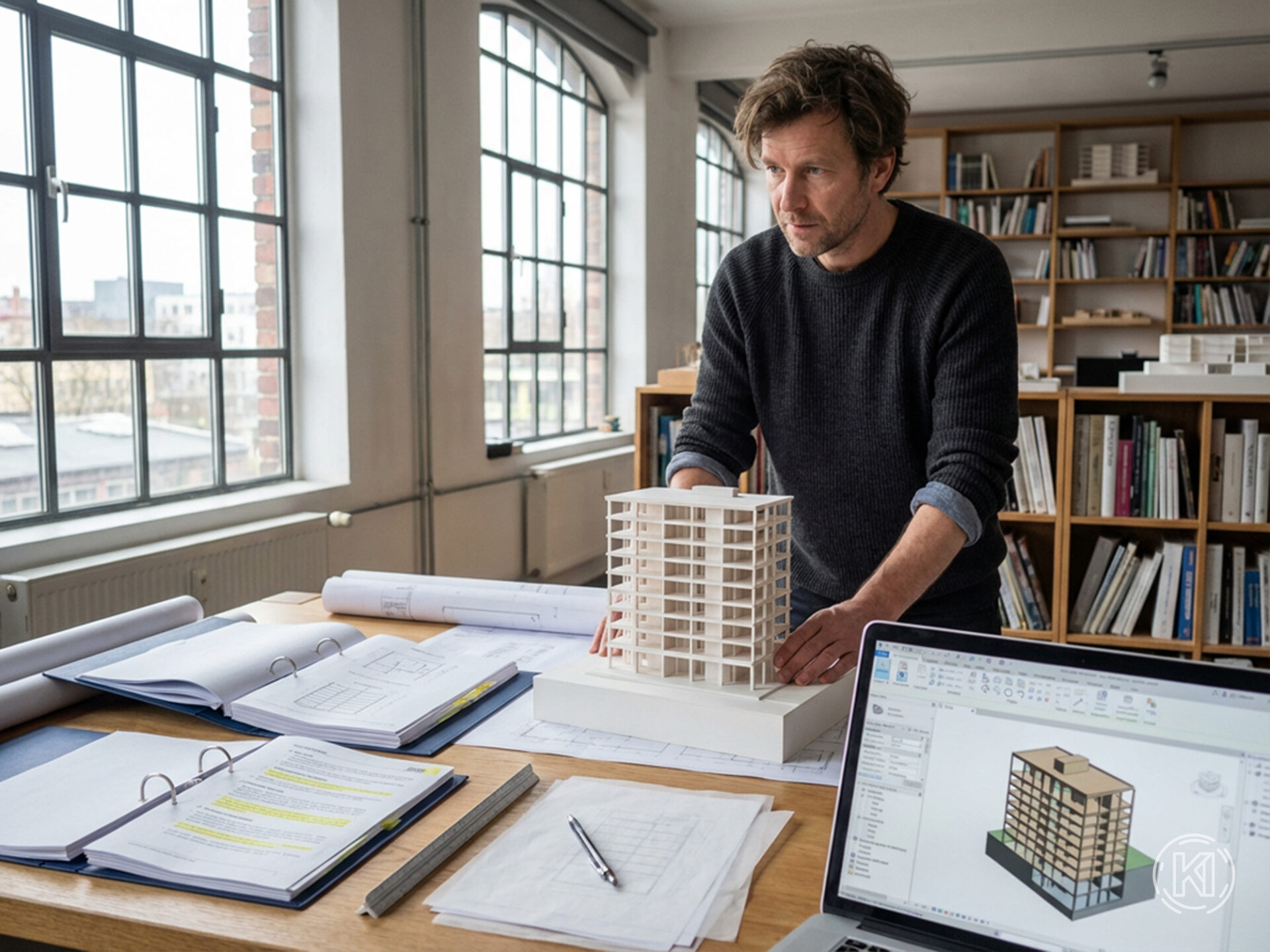 Architekt mit Modell eines Holzhochhaus auf einem Schreibtisch voll mit Ordnern zu DIN-Normen und Regularien