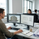 Ein Arbeitsplatz mit zwei Bildschirmen, auf denen unterschiedliche, aber zusammenhängende Planungsinhalte sichtbar sind. Dieses Bild wurde mithilfe von KI generiert