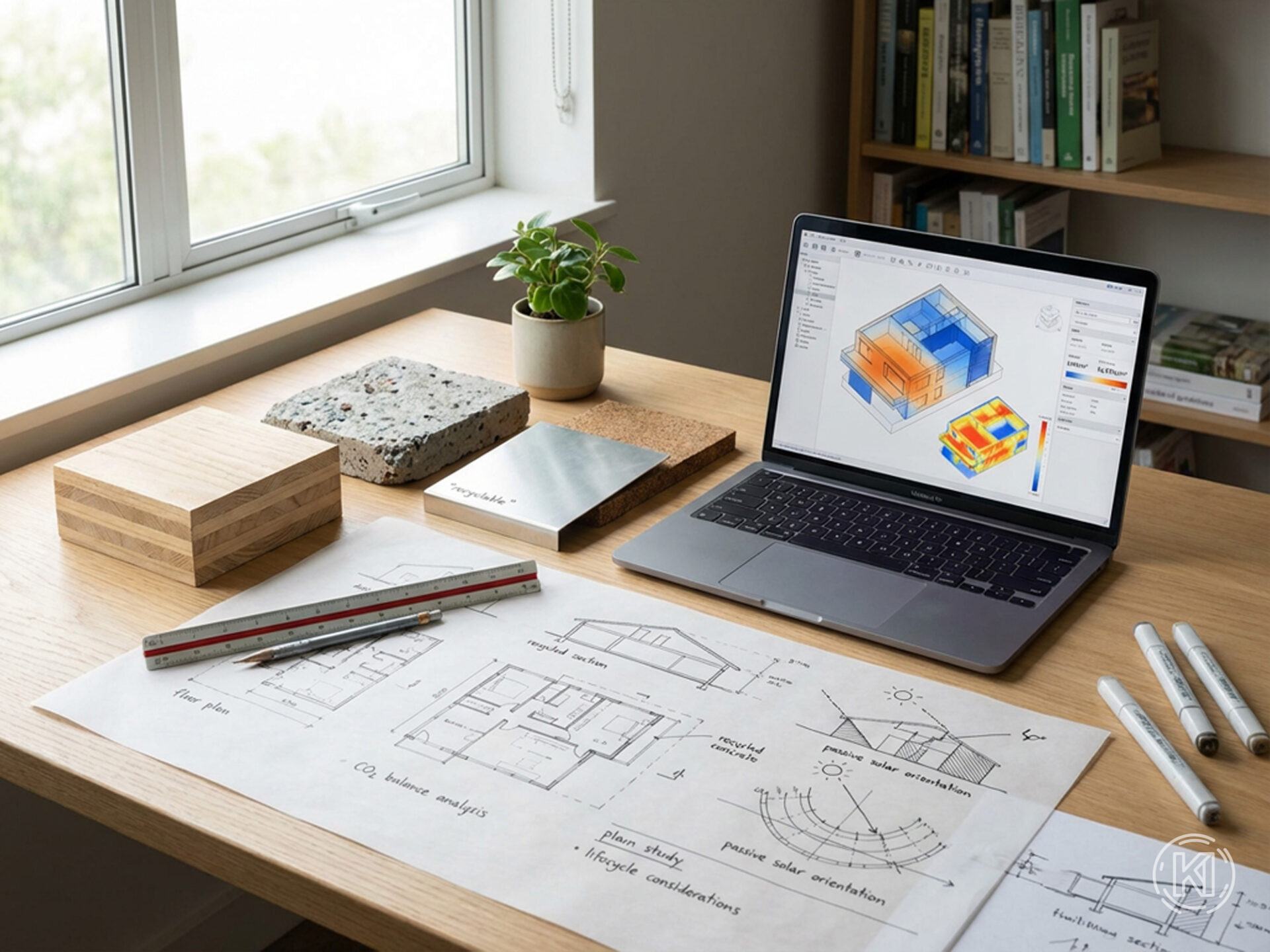 Arbeitsplatz mit Planung in Bezug auf Nachhaltigkeit
