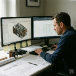 Ein Architekt sitzt konzentriert am Arbeitsplatz, zwei Monitore mit geöffnetem BIM-Modell und Plänen, daneben handschriftliche Notizen und Ausdrucke. Dieses Bild wurde mithilfe von KI generiert