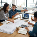Kleines Projektteam (3–4 Personen) an einem Tisch mit Plänen, Laptop und Tablet. Diskussion. Dieses Bild wurde mithilfe von KI generiert