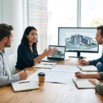 Strategisches Abstimmungsgespräch im Architekturbüro: 3–4 Personen sitzen an einem Tisch, Laptop und ggf. zweiter Bildschirm zeigen ein BIM-Modell im Hintergrund. Dieses Bild wurde mithilfe von KI generiert