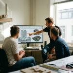 Architekten sitzen gemeinsam vor einem großen Monitor und diskutieren ein BIM-Modell. Dieses Bild wurde mithilfe von KI generiert