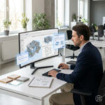 Architekt arbeitet mit Archicads KI-Funktionen an einem modernen, hellen Arbeitsplatz