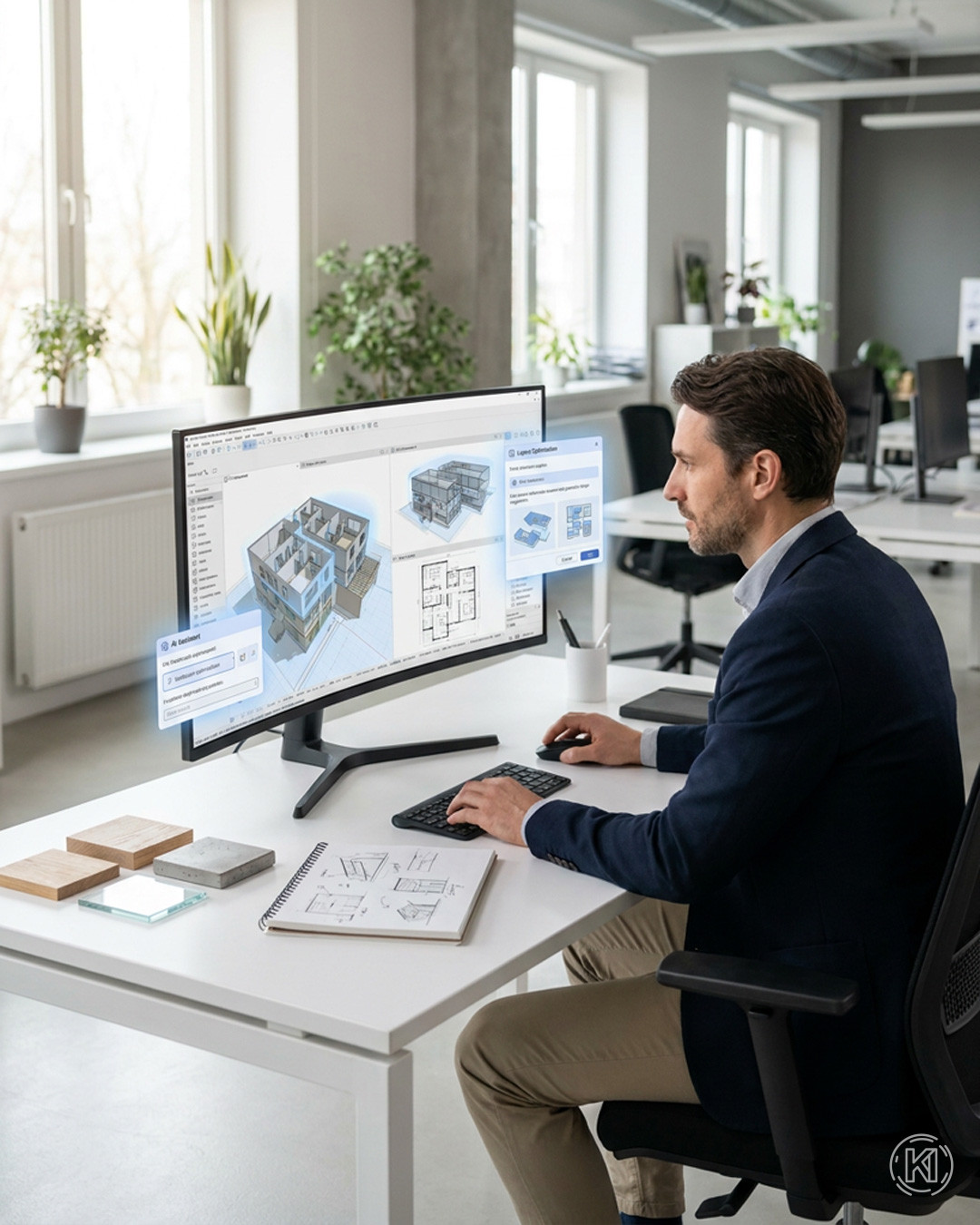 Architekt arbeitet mit Archicads KI-Funktionen an einem modernen, hellen Arbeitsplatz