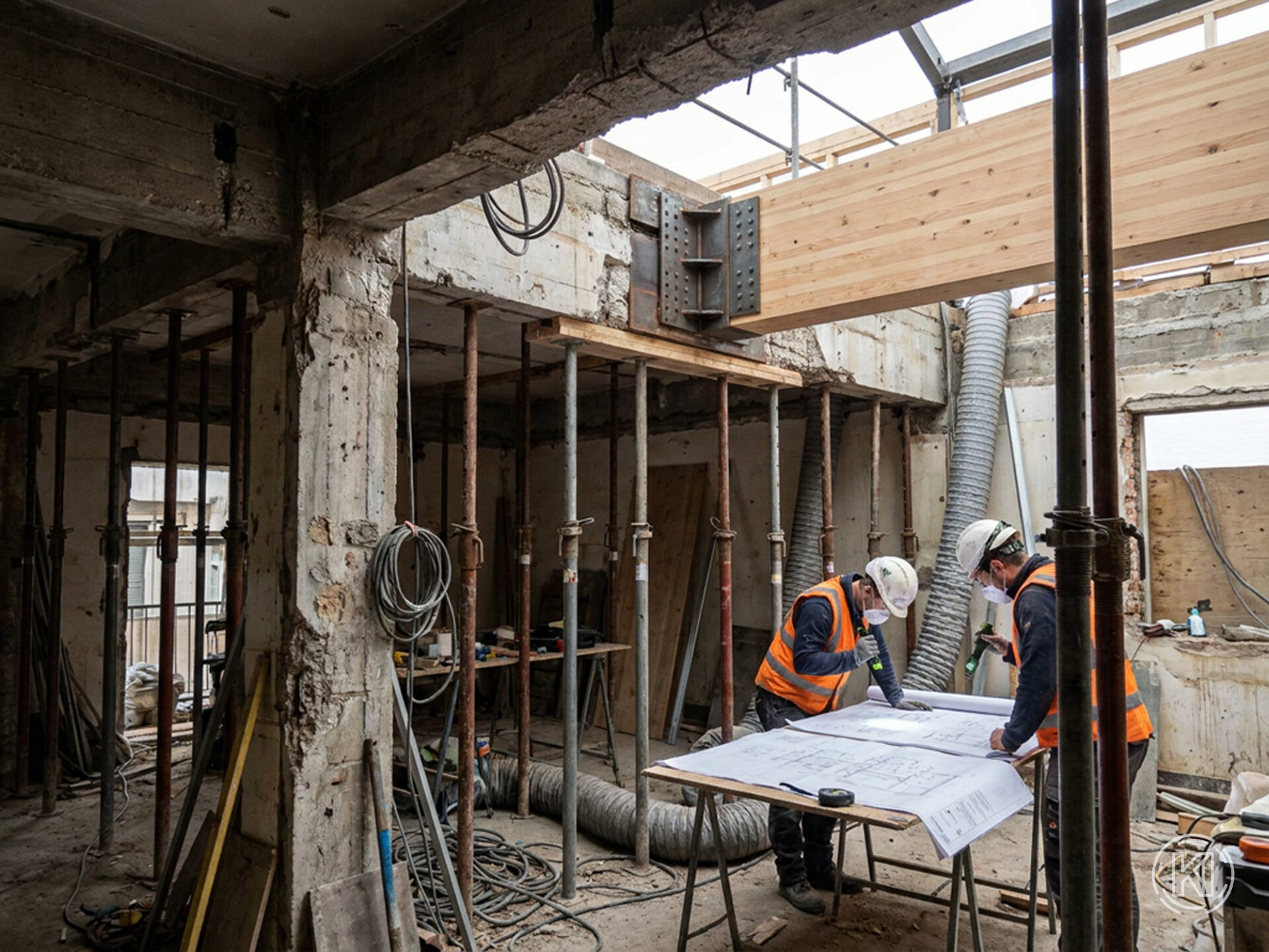 Bauarbeiter montieren eine leichte Holzaufstockung auf einem Bestandsgebäude mit sichtbaren Stahlstützen, Betonbauteilen und technischer Infrastruktur im Innenbereich. Dieses Bild wurde mithilfe von KI erstellt. Bauarbeiter montieren eine leichte Holzaufstockung auf einem Bestandsgebäude mit sichtbaren Stahlstützen, Betonbauteilen und technischer Infrastruktur im Innenbereich. Dieses Bild wurde mithilfe von KI erstellt.