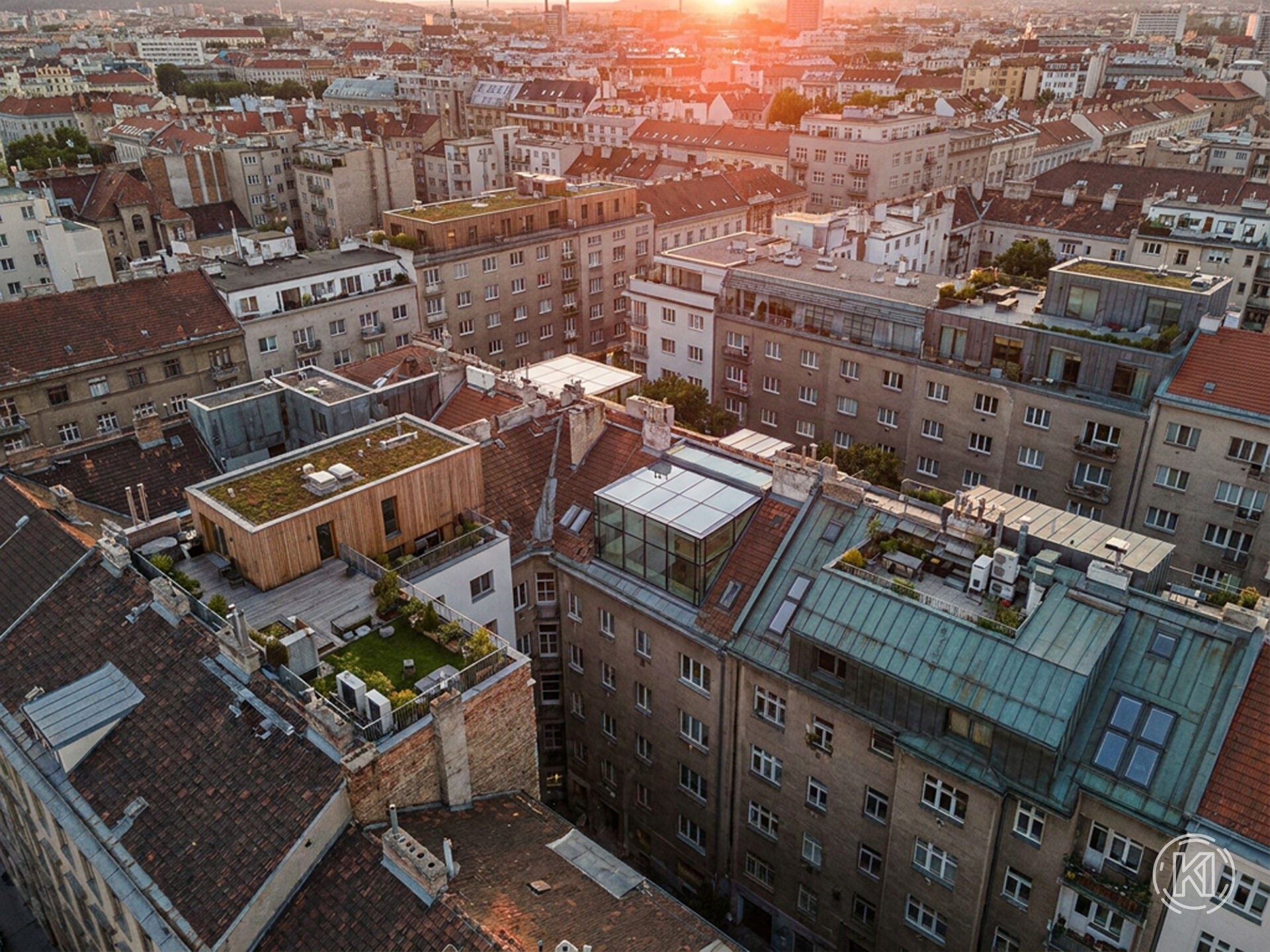 Luftaufnahme eines dicht bebauten europäischen Stadtviertels mit mehreren modernen Dachaufstockungen auf bestehenden Wohngebäuden bei Abendlicht. Dieses Bild wurde mithilfe von KI erstellt. Luftaufnahme eines dicht bebauten europäischen Stadtviertels mit mehreren modernen Dachaufstockungen auf bestehenden Wohngebäuden bei Abendlicht. Dieses Bild wurde mithilfe von KI erstellt.