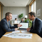 Szene in einem modernen Architekturbüro während eines ruhigen Projektgesprächs, ein Architekt erklärt einem Bauherrn konzentriert digitale Entwurfsunterlagen auf einem Laptop und einige dezente Ausdrucke auf dem Tisch. Dieses Bild wurde mithilfe von KI erstellt.