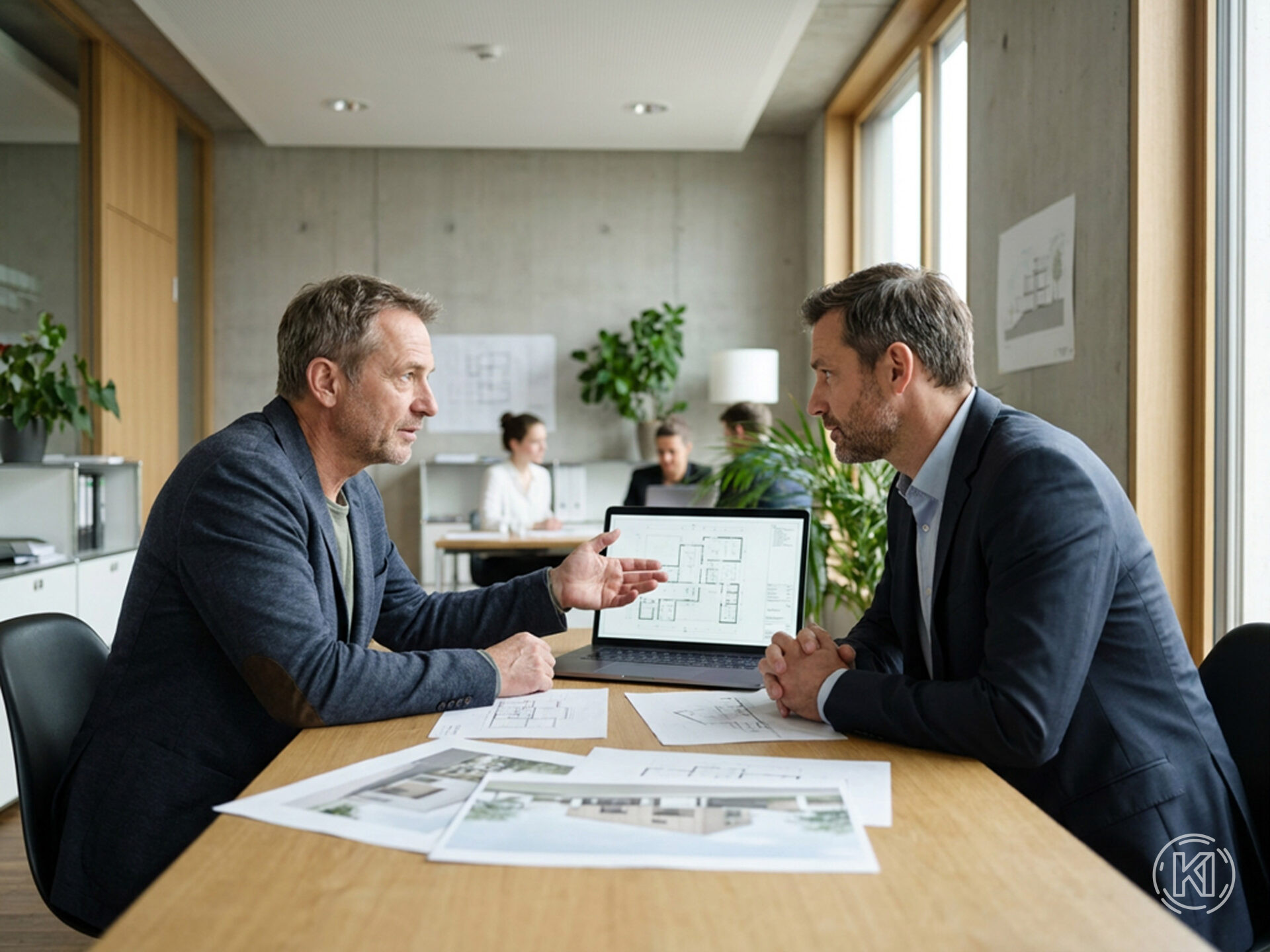 Szene in einem modernen Architekturbüro während eines ruhigen Projektgesprächs, ein Architekt erklärt einem Bauherrn konzentriert digitale Entwurfsunterlagen auf einem Laptop und einige dezente Ausdrucke auf dem Tisch. Dieses Bild wurde mithilfe von KI erstellt. Szene in einem modernen Architekturbüro während eines ruhigen Projektgesprächs, ein Architekt erklärt einem Bauherrn konzentriert digitale Entwurfsunterlagen auf einem Laptop und einige dezente Ausdrucke auf dem Tisch. Dieses Bild wurde mithilfe von KI erstellt.