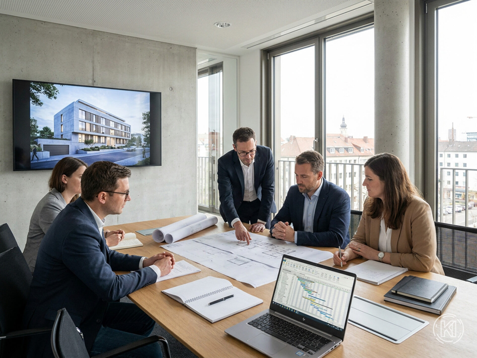 Fotorealistische Architekturszene in einem modernen Besprechungsraum in Deutschland, ein Architektenteam präsentiert einem Bauherrn Entwurfspläne, Kostenübersichten und Terminphasen auf einem großen Tisch, ein Wanddisplay zeigt eine Highend-Visualisierung. Dieses Bild wurde mithilfe von KI erstellt.