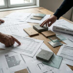Konzeptionelle, fotorealistische Architekturdarstellung eines Planungstisches mit Entwurfsvarianten, Materialmustern, Kostentabellen und Terminplänen, eine Hand des Bauherrn zeigt auf Einsparpotenziale, während ein Architekt auf Qualitätsfolgen hinweist. Dieses Bild wurde mithilfe von KI erstellt.