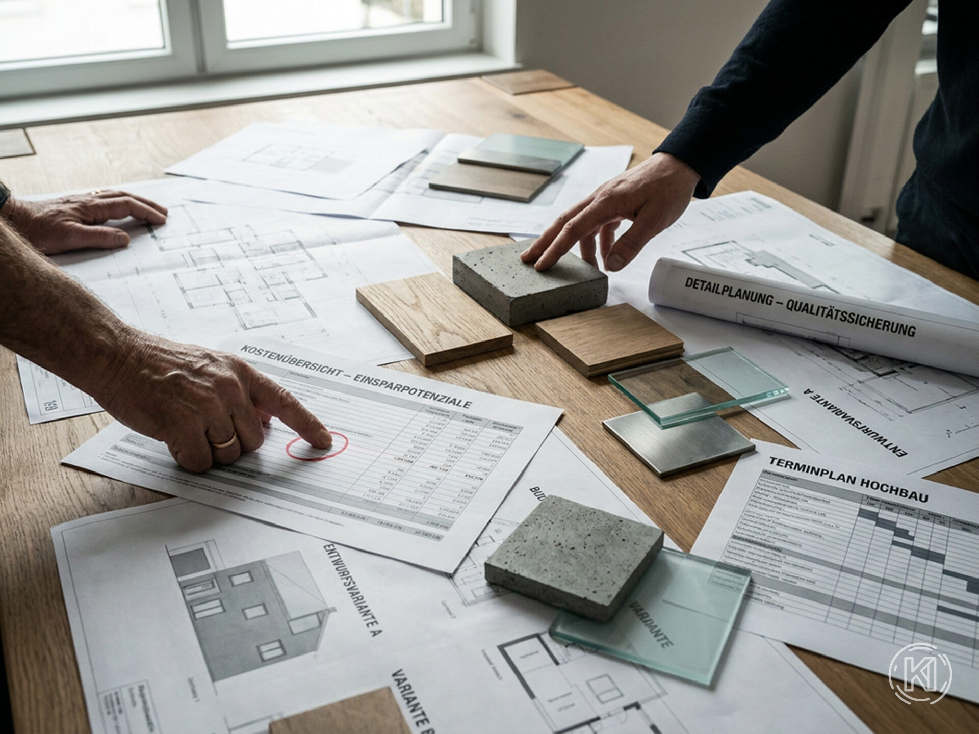 Konzeptionelle, fotorealistische Architekturdarstellung eines Planungstisches mit Entwurfsvarianten, Materialmustern, Kostentabellen und Terminplänen, eine Hand des Bauherrn zeigt auf Einsparpotenziale, während ein Architekt auf Qualitätsfolgen hinweist. Dieses Bild wurde mithilfe von KI erstellt.
