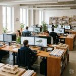 Mehrere Personen arbeiten parallel in derselben Büroumgebung an unterschiedlichen Arbeitsplätzen. Atmosphäre ruhig und konzentriert.