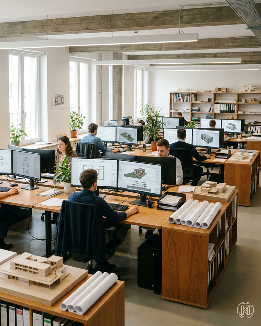 Mehrere Personen arbeiten parallel in derselben Büroumgebung an unterschiedlichen Arbeitsplätzen. Atmosphäre ruhig und konzentriert.