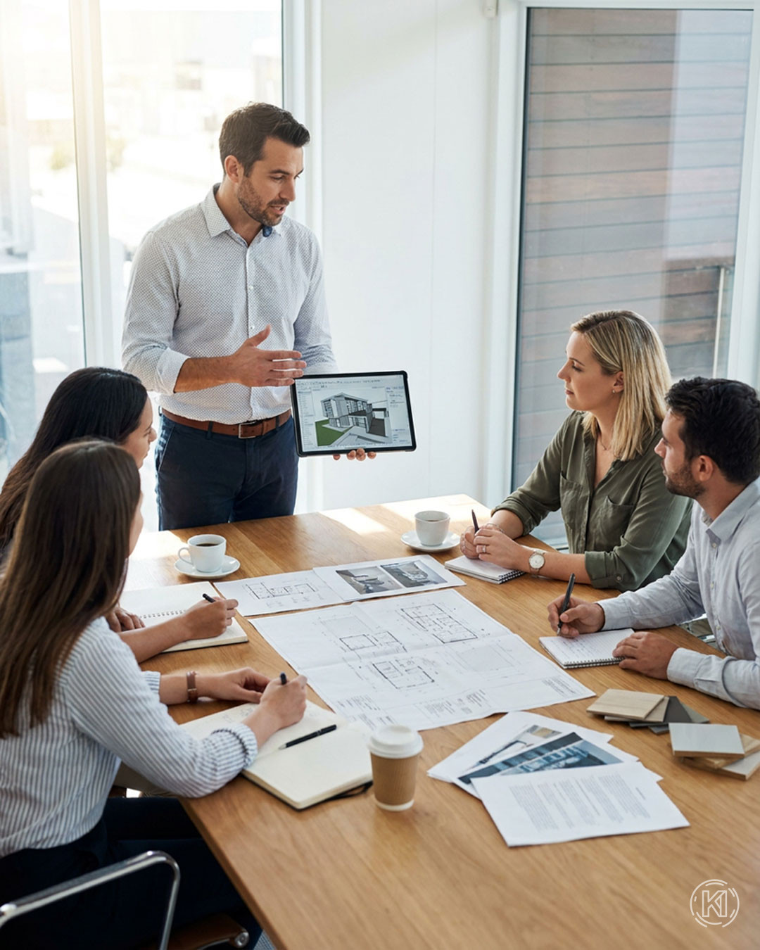 Architektenteam in kurzer Abstimmung an einem Besprechungstisch. Eine Person erklärt aktiv anhand von Unterlagen oder Tablet, während andere aufmerksam zuhören.