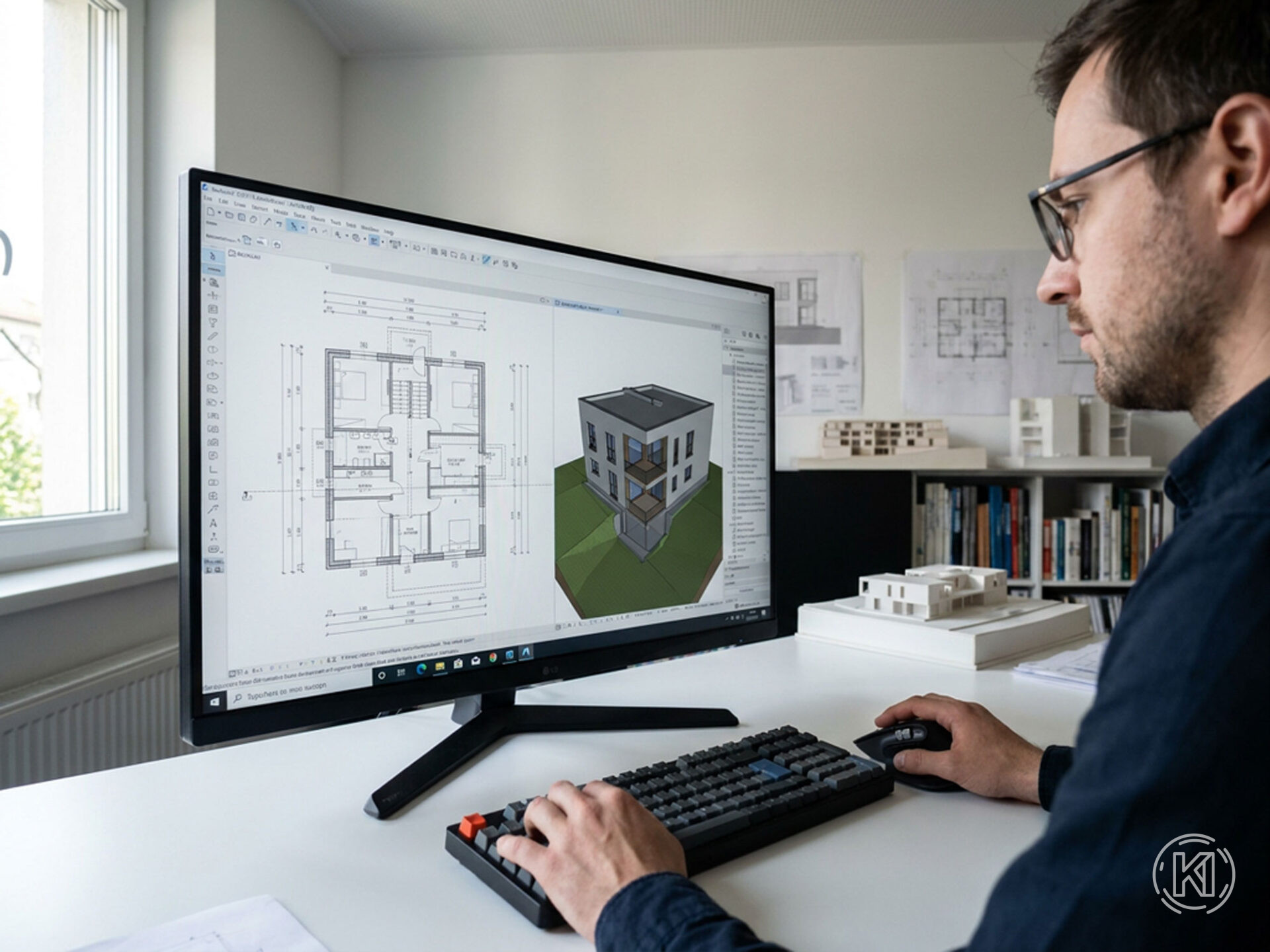 Architekt arbeitet aktiv an einem digitalen BIM-Modell.