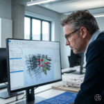 Architekt analysiert konzentriert ein Modell am Bildschirm, leicht nach vorne geneigt.