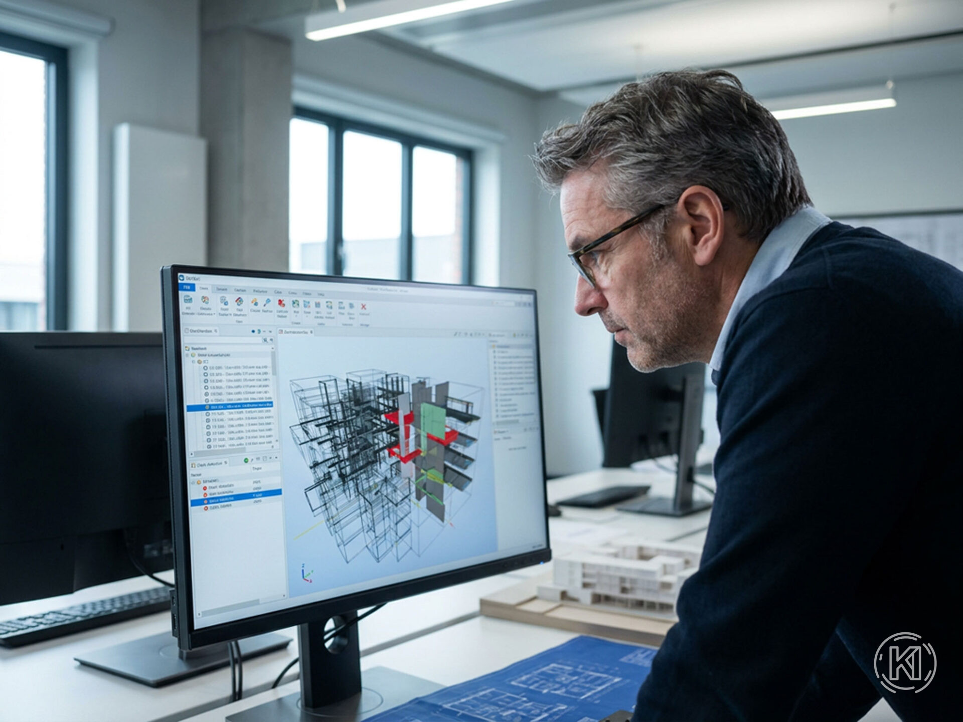 Architekt analysiert konzentriert ein Modell am Bildschirm, leicht nach vorne geneigt.