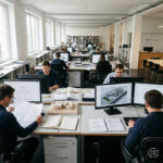 Mehrere Architekten arbeiten konzentriert in einer strukturierten Büroumgebung. Jeder Arbeitsplatz wirkt genutzt, aber organisiert.
