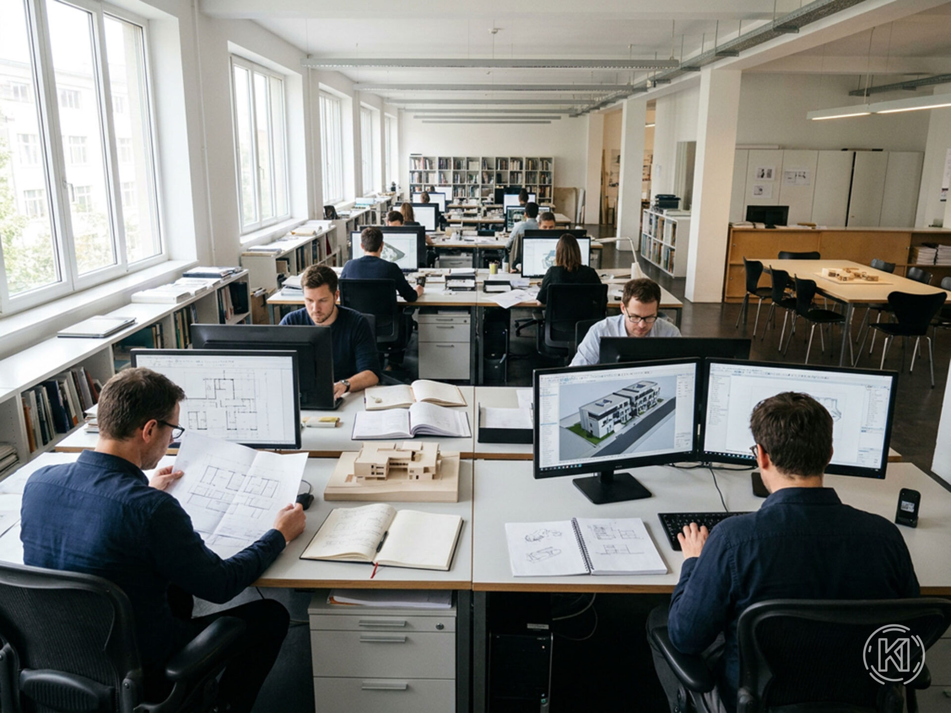 Mehrere Architekten arbeiten konzentriert in einer strukturierten Büroumgebung. Jeder Arbeitsplatz wirkt genutzt, aber organisiert.