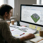 Architekt sitzt an einem Arbeitsplatz zwischen mehreren Informationsquellen. Auf einem Monitor ist eine Archicad-nahe Modellansicht sichtbar, daneben liegen Ausdrucke und handschriftliche Notizen.