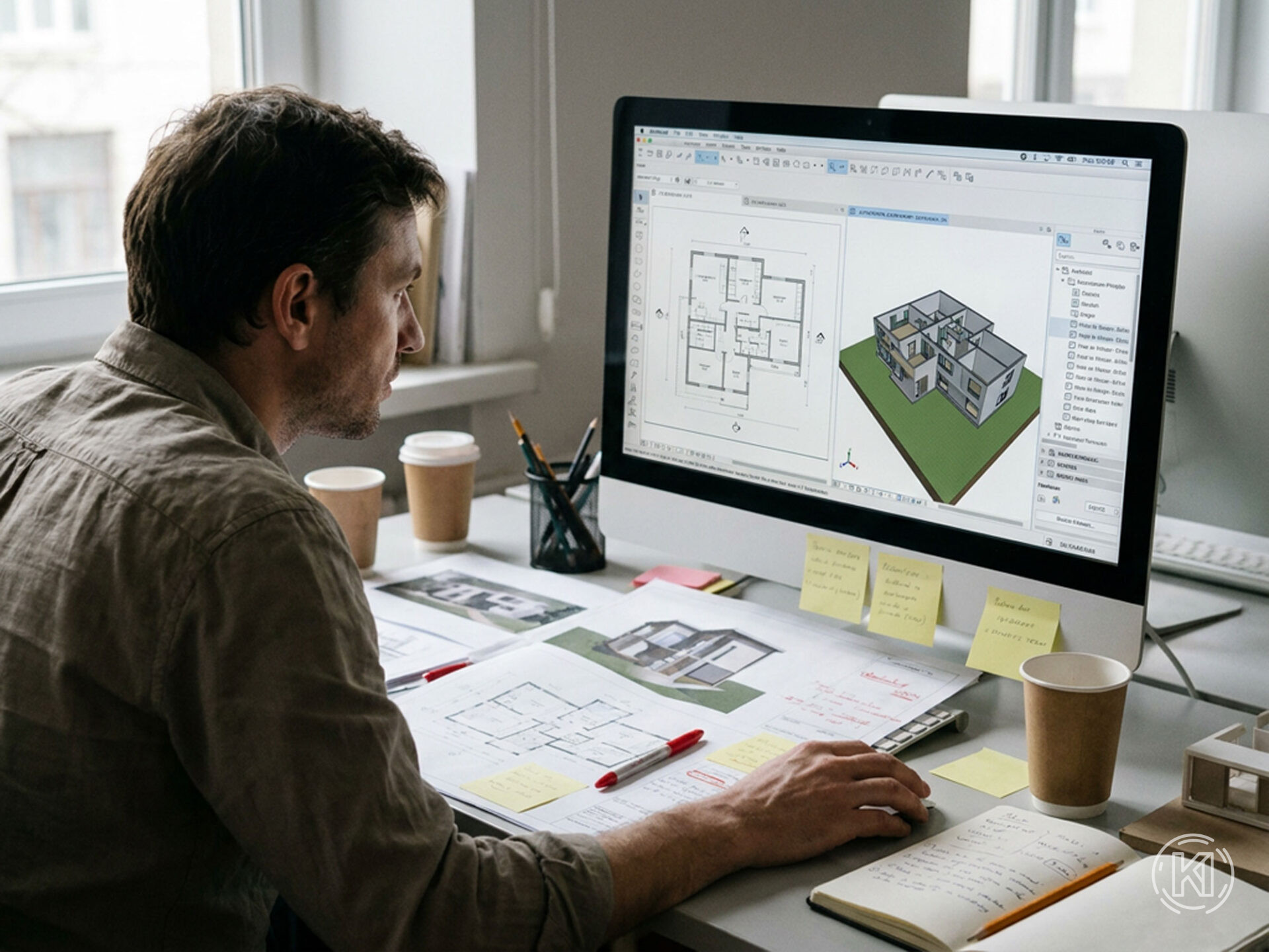 Architekt sitzt an einem Arbeitsplatz zwischen mehreren Informationsquellen. Auf einem Monitor ist eine Archicad-nahe Modellansicht sichtbar, daneben liegen Ausdrucke und handschriftliche Notizen.
