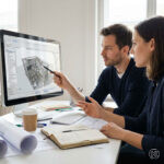 Moderner Arbeitsplatz im Architekturbüro mit mehreren Informationsquellen und aktiver Projektarbeit.