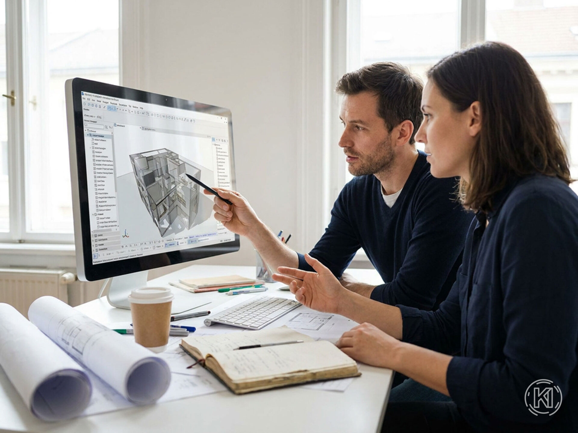 Moderner Arbeitsplatz im Architekturbüro mit mehreren Informationsquellen und aktiver Projektarbeit.
