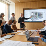 Projektteam in einer Besprechung über ein großes digitales BIM-Modell in einem Konferenzraum. Dieses Bild wurde mithilfe von KI erstellt.