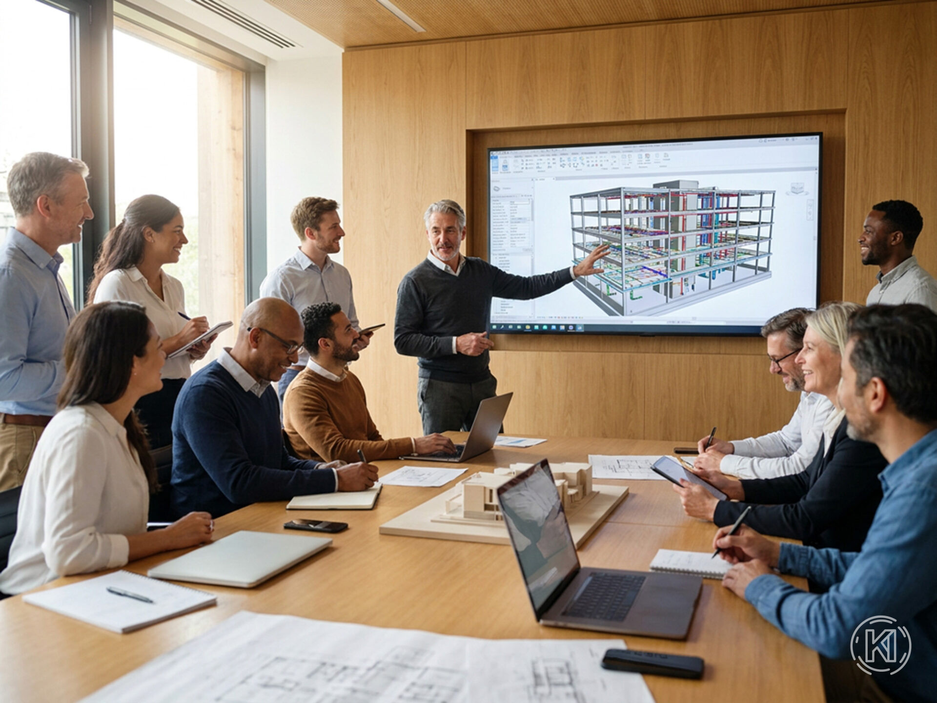 Projektteam in einer Besprechung über ein großes digitales BIM-Modell in einem Konferenzraum. Dieses Bild wurde mithilfe von KI erstellt. Projektteam in einer Besprechung über ein großes digitales BIM-Modell in einem Konferenzraum. Dieses Bild wurde mithilfe von KI erstellt.