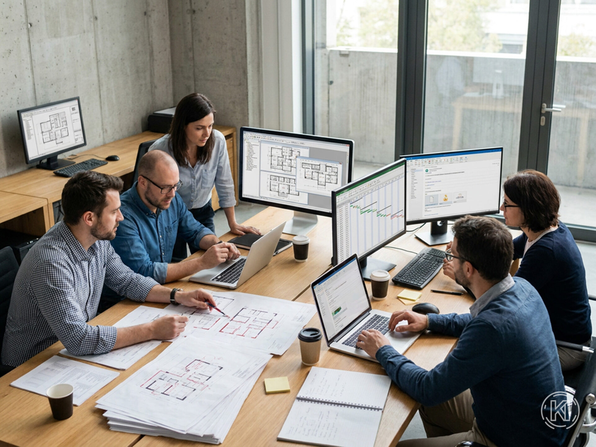 Koordinationsmeeting ohne BIM-Strategie. Projektteam diskutiert über physische Pläne, gleicht Terminpläne ab. Dieses Bild wurde mithilfe von KI generiert.