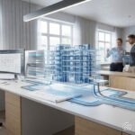 Futuristische Darstellung eines BIM-Workflows. Digitales Modell schwebt über Schreibtisch mit ausgedruckten Plänen und einem Rechner mit Grundriss. Dieses Bild wurde mithilfe von KI erstellt.