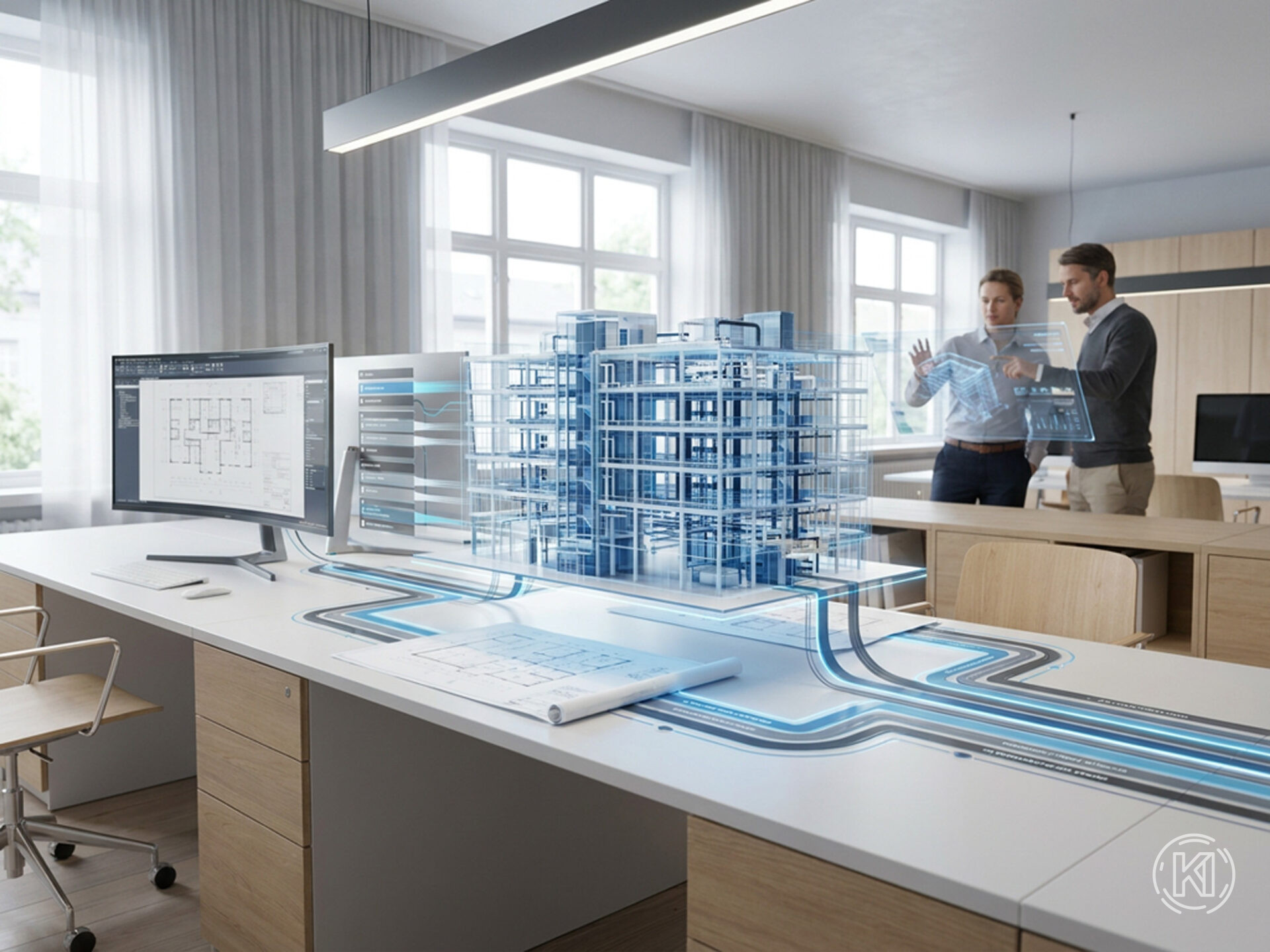 Koordinationsmeeting ohne BIM-Strategie. Projektteam diskutiert über physische Pläne, gleicht Terminpläne ab. Dieses Bild wurde mithilfe von KI generiert. Futuristische Darstellung eines BIM-Workflows. Digitales Modell schwebt über Schreibtisch mit ausgedruckten Plänen und einem Rechner mit Grundriss. Dieses Bild wurde mithilfe von KI erstellt.