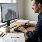 Architekt sitzt an einem aufgeräumten Arbeitsplatz und strukturiert konzentriert ein digitales Modell in Archicad. Neben dem Bildschirm liegt ein aufgeschlagenes Notizbuch mit klar gegliederten Stichpunkten und Skizzen. Die Person wechselt aktiv zwischen Tastatur und Notizen.